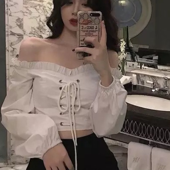 Tops - Off shoulder crop top blouse sexy lace up white tie womens shirt